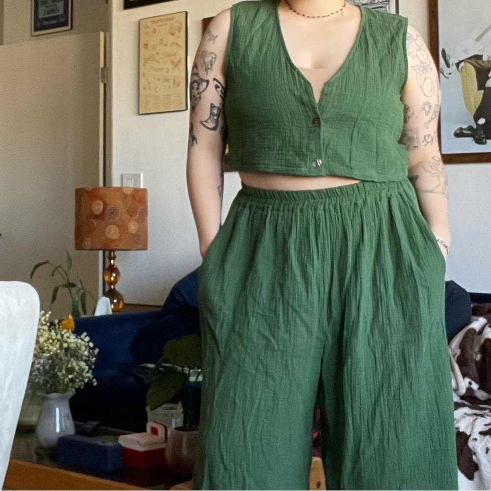 Green Linen Vest and Wide Leg Pant Set